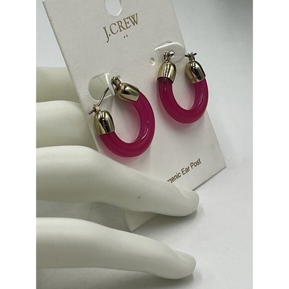 J. Crew Solid-color Neon Hot Pink Gold Tone Acrylic Hoop Earrings New - Picture 5 of 7